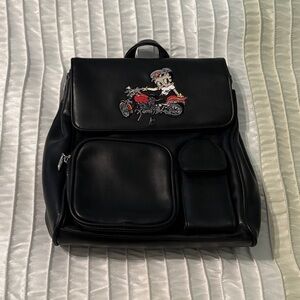 Large Black Leather Backpack with Embroidered Design of Betty Boop